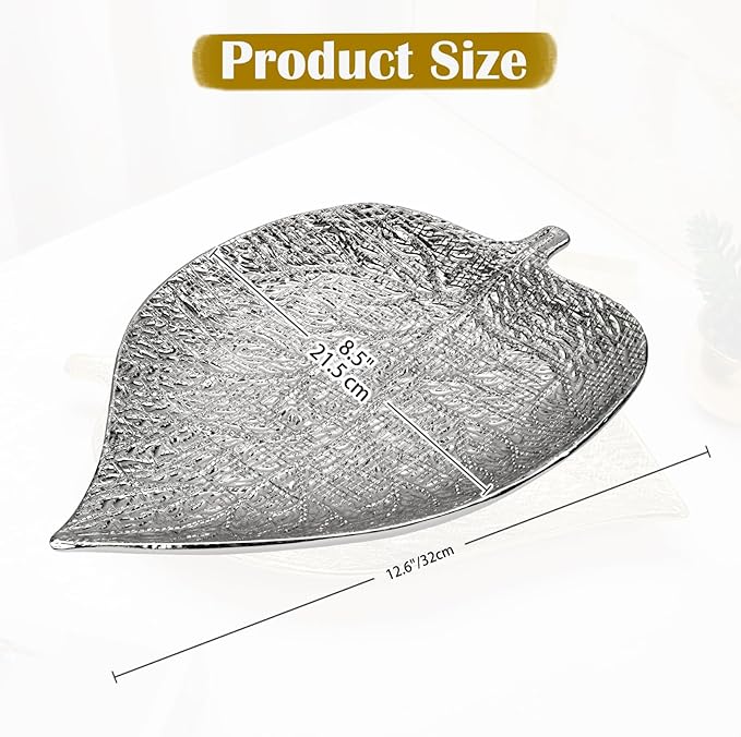 Oversized Leaf-Shaped Ceramic Jewelry Tray, 12.6" Large Decorative Tray Silver Vanity Trays for Rings, Necklaces, Keys, Gifts for Mom, Coffee Table Decor, Entryway Table Trays, 1 Pack