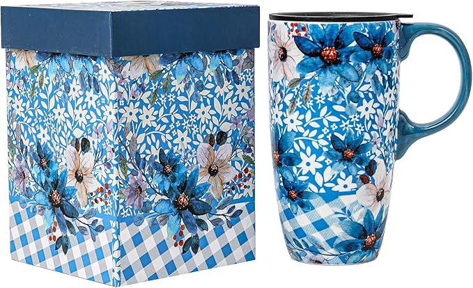 DUSVALLY Ceramic Tall Coffee Mug, Friends Coffee Cup Gift Set, Travel Mug with Lid for Office and Home, Unique Gifts for Women and Man, Flower Mug, Color Box, 17oz Large Cup, Blue