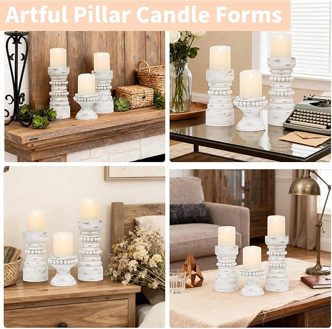 MODE HOME Rustic White Wood Candle Holders Set of 3, Farmhouse Beaded Wood Pillar Candle Holder, Candle Holders for Pillar Candles & Candlesticks, Candle Sticks Holder Decor for Table Centerpiece