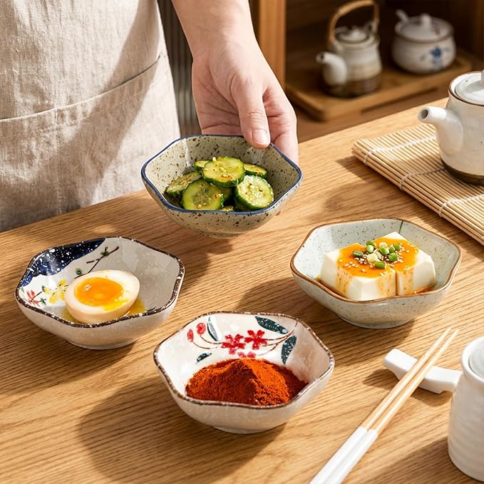 12 Pieces Japanese Sauce Dishes, 4 Oz Ceramic Side Dish Set, Small Flower-shaped Seasoning Soy Dipping Bowl Plate for Sushi, Snack, Appetizer, Kitchen Prep, 6 Patterns