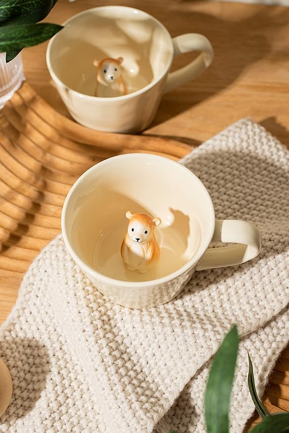 DIHOclub Bear Ceramic Cup Hidden 3D Animal Inside Mug,Cute Cartoon Handmade Figurine Mugs,Holiday and Birthday Gift for Coffee Milk Tea Lovers,12 OZ(Cream Color) | Bear, Cute Cartoon, Handmade, Figurine Mugs