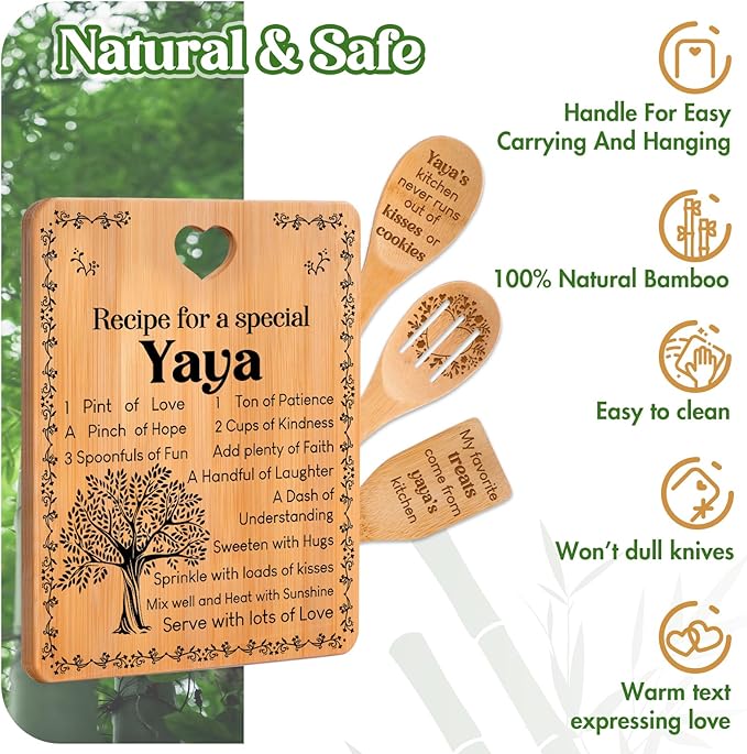 Yaya Gifts - "Recipe for a Special Yaya" Yaya Gifts for Grandma Cutting Board Set, Bamboo-Made Engraved Utensil Set Gifts for Yaya Cutting Board, Best Yaya Ever Gifts.