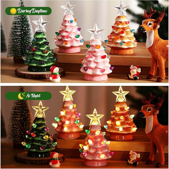 Leinuosen 6 Set Mini 4 Inch Ceramic Christmas Tree with Multicolored Lights Xmas Tree Hanging Light up Ornaments Pre Lit Hand Painted for Tabletop Home Office Table Holiday Decorations(Pink,Star)