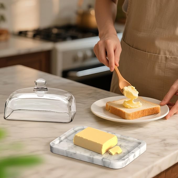 Marble Butter Dish with Lid, Elegant Large Capacity Butter Holder for Countertop & Refrigerator – Natural Cool Surface Keeps Butter in an Ideal Spreadable State – White Butter Container