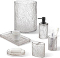 Modern 6 Pcs Resin Bathroom Accessories Set: Soap Dispenser, Toothbrush Holder, Tumbler, Soap Dish,Tray,Trash Can,Unbreakable, Durable, Easy to Clean, Bark Pattern, Translucent Black