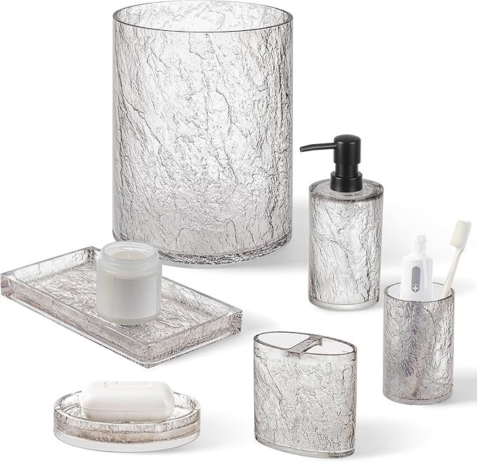 Modern 6 Pcs Resin Bathroom Accessories Set: Soap Dispenser, Toothbrush Holder, Tumbler, Soap Dish,Tray,Trash Can,Unbreakable, Durable, Easy to Clean, Bark Pattern, Translucent Black