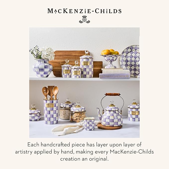 MACKENZIE-CHILDS Enamel Utensil Holder, Stylish Kitchen Countertop Organizer, Purple-and-White Violet Check
