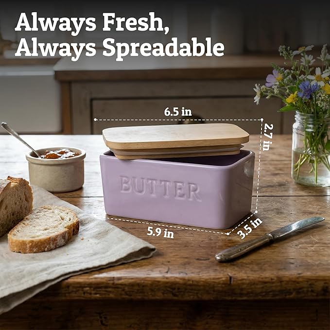 PriorityChef Extra Large Butter Dish with Lid for Countertop, Ceramic Butter Container With Airtight Cover, Butter Keeper for Counter or Fridge, Butter Holder Storage, Lacy Lilac