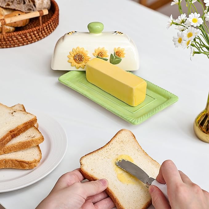 Fungi Fun Ceramic Butter Dish with Lid for Countertop – Decorative Sunflower and Mushroom Design, Unique Sunflower Kitchen Accessories, Cute Butter Dish with Cover for Countertop, Holds 2 Sticks