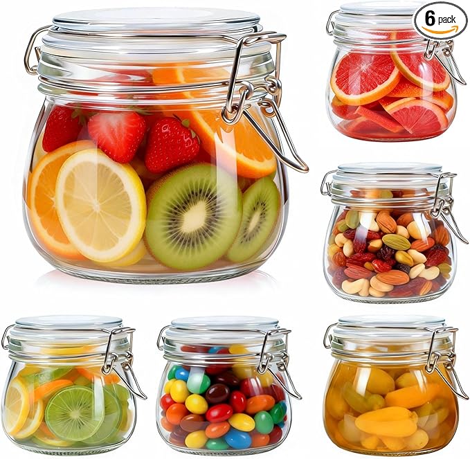 SKOCHE 6 Pack Glass Jars with Airtight Lid 17 oz, Small Air Tight Glass Storage Jar, Pickling Jar, Leakproof Canister Jars with Silicone Seal for Kitchen Canning, Food Storage, Jam, Mason jars