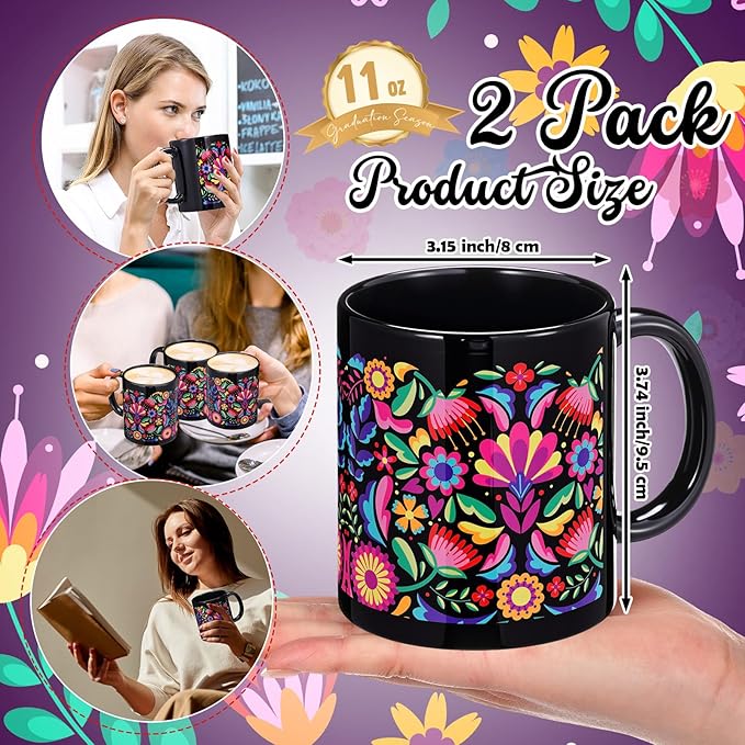 Sliner 11 oz Mexican Ceramic Coffee Mugs Set of 2 Fiesta Gifts Cinco De Mayo Cups Mandala Flowers Tea Cup Festive Holiday Birthday Gifts for Men Women