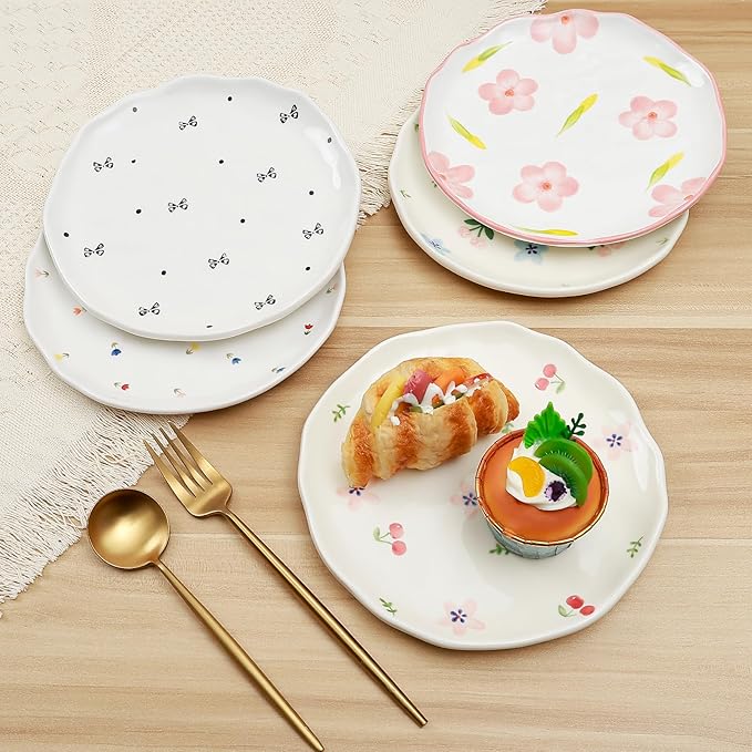 Koythin Ceramic Dessert Plates, Cute Fruits Dinner Plate, Creative Plates Design, Printed Flowers Dinnerware for Office and Home, Kitchen Plates for Desserts (Tulip Small Floral)