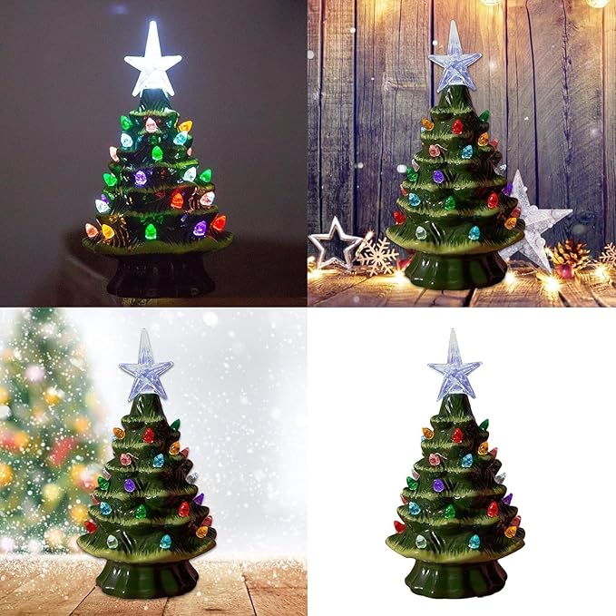 Small Resin Christmas Tree Decor, Tabletop Christmas Tree Star Topper, Holiday Decoration with 40 Multi-Color Lights, Xmas Fall Decorations for Home (Green-White)