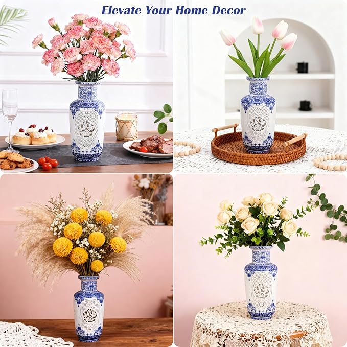 Blue White Flower Vase - 11.42 Inch Hollow Out Ceramic Vase, Vintage Chinese Style Home Decor, Handcrafted Blue White Porcelain Centerpiece for Living Room Table Shelf (Blue and White)