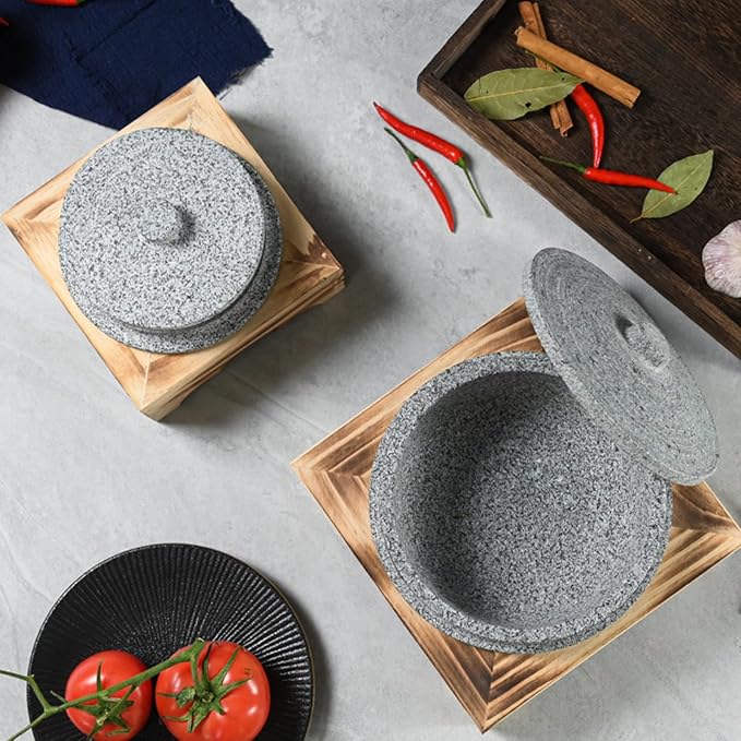 Bibimbap Bowl with Lid, Korean Stone Bowl Cooking Pot with Wood Tray, Natural Stone Bowl Hot Pot for Korean Restaurants, Soup, Rice, Stew,14cm/5.5inch