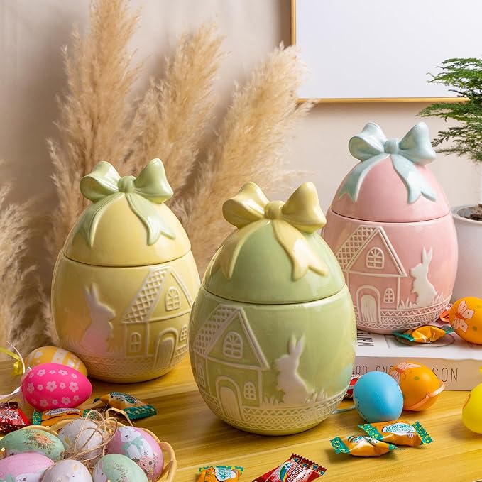 Easter Bunny Cookie Jar with Lid, Yellow Egg Candy Jar, Embossment Bunny Decorative Ceramic Storage Container Jar, Yellow Easter Bunny Egg Decorations for Home Kitchen Indoor Best Easter Gift