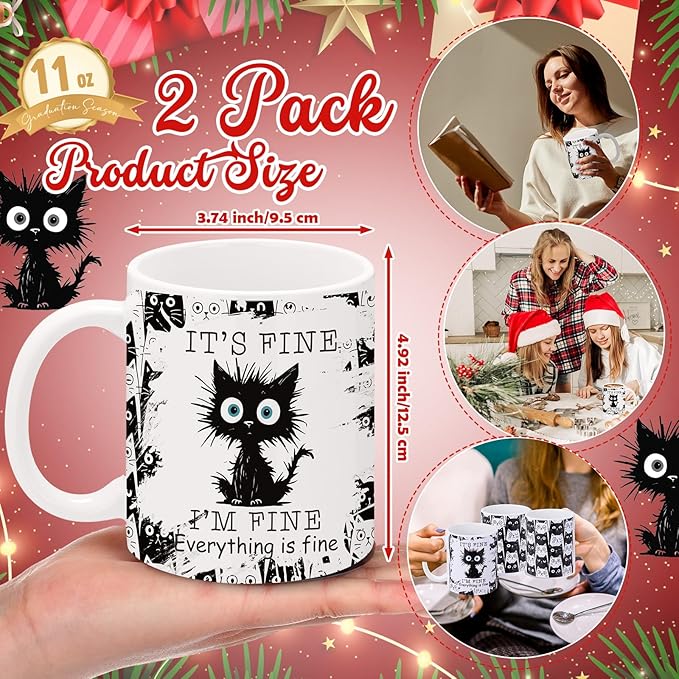Sliner 2 Set I'm Fine Everything Is Fine Cat Mugs Black Cat Funny Coffee Cups Gifts 11 oz Ceramic Cute Tea Cup Holiday Birthday Gifts for Men Women Colleague Coworker