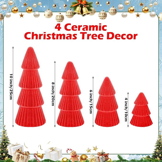 Aneco 4 Pack Velvet Ceramic Christmas Tree Christmas Indoor Decorations Modern Cone Xmas Tabletop Decor for Home Entryway Table Mantel Centerpiece Winter Holiday Party Supplies, Red