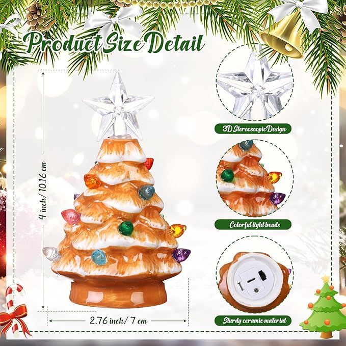 Leinuosen 6 Set Mini 4 Inch Ceramic Christmas Tree with Multicolored Lights Xmas Tree Hanging Light up Ornaments Pre Lit Hand Painted for Tabletop Home Office Table Holiday Decorations(Khaki,Star)
