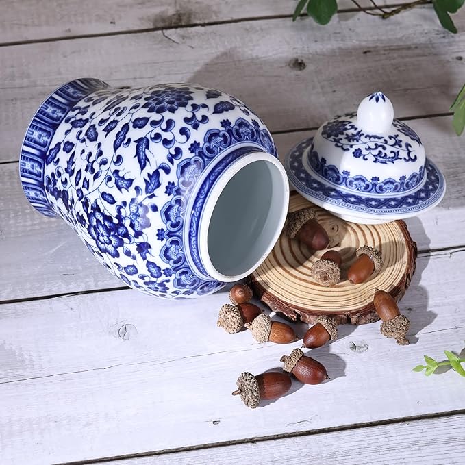 Handmade Blue and White Porcelain Ginger Jar - Traditional Chinoiserie Decorative Storage Vase, Thin-Walled Ceramic Jar for Home Decor, Tea & Display (Leaves)