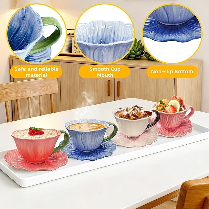 JUSONEY 10 oz Tea Cups and Saucers, Ceramic Flower-shaped Cappuccino Cup, Latte Cup and Saucer set, elegant floral Espresso Cup set, cups are microwave and dishwasher safe-Purple