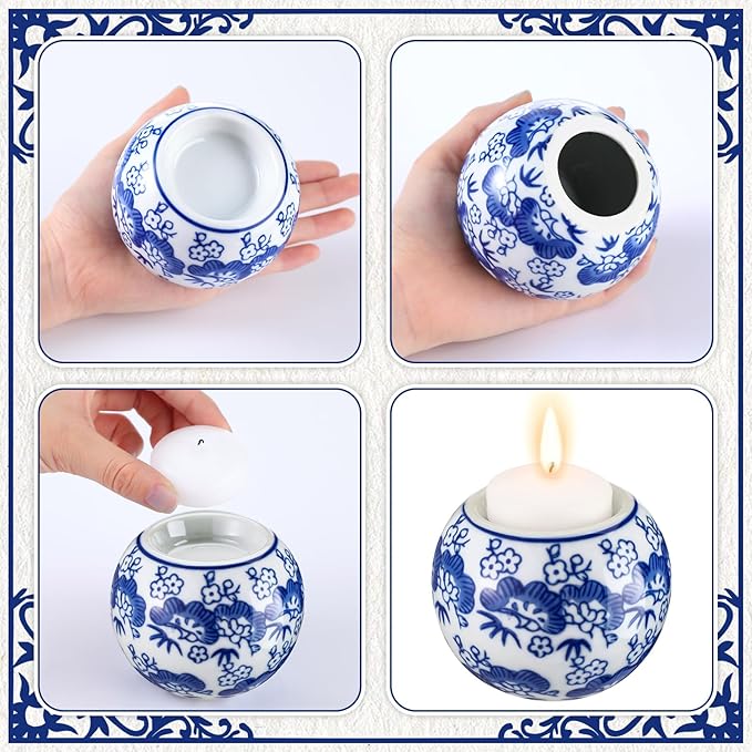Soaoo 2 Pack Blue and White Candle Holders Chinoiserie Decor Porcelain Tealight Candleholders Votive Candle Holders for Holiday, Wedding, Party Table Centerpiece Home Decor, 1.85 x 2.75