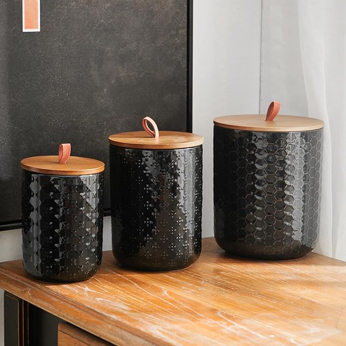 JOJUNO Black Ceramic Canister Set with Wooden Lids – 3-Piece Airtight Food Storage Jars for Kitchen, Embossed Design, Small/Medium/Large Sizes (30/48/82 oz) – Flour, Sugar, Coffee, Tea Containers