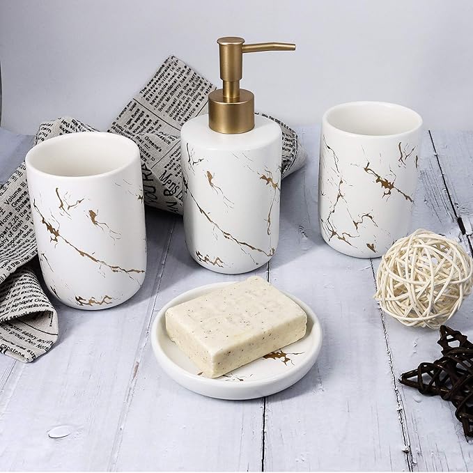 White Marble Ceramic Bathroom Set (4-Piece) - Elegant Soap Dish, Gold Pump Dispenser & Tumblers for Vanity, Sink & Bathroom Decor