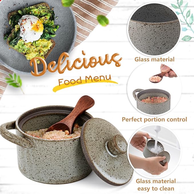 Honeydak Speckled Ceramic Salt Cellar with Lid and Wooden Spoon, Rustic Farmhouse Salt Pepper Cellar Holder for Valentines Day,Housewarming Gift, Heavyweight Spices Jar(Light Gray,2 Set)