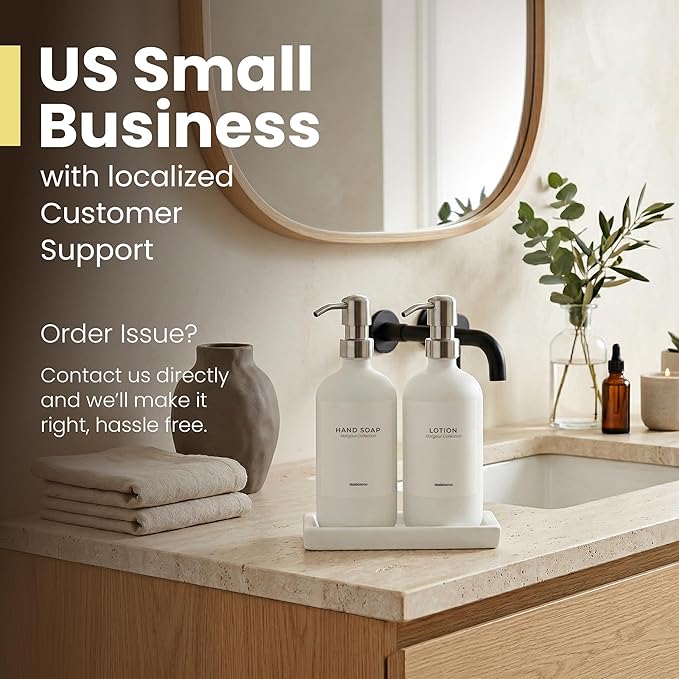 MaisoNovo Soap and Lotion Dispenser Set - Bathroom Soap Dispenser Set with White Soap Dispenser, Silver Pumps & Concrete Tray