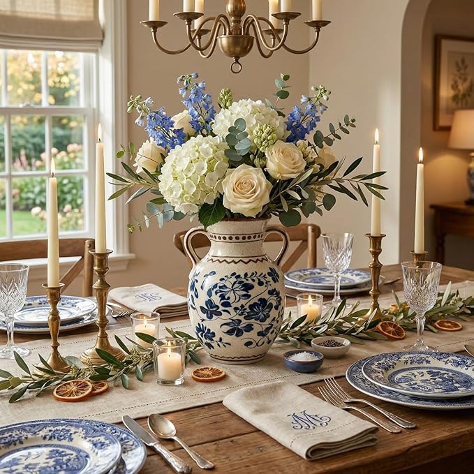 EFISPSS Ceramic Vintage Vase,Spring Decor Unique Chinese Crackle Floral Handle for Dining Room Mantle Living Room,Blue 8.4In