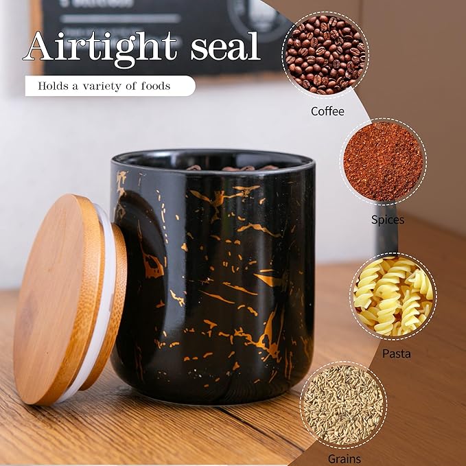 JOJUNO Black Ceramic Canister Set with Bamboo Lid – 3-Piece Airtight Food Storage Jars for Kitchen Counter – Glossy Marble Design, Ideal for Flour, Sugar, Coffee, Tea, Spice – Small, Medium, Large