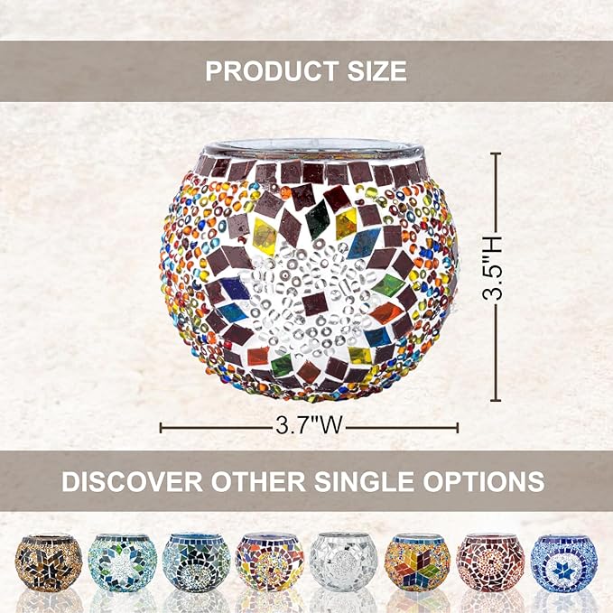 KAFTHAN Mosaic Glass Large Single Candle Holder - Round Bowl, Plant Pot, Votive Candle Holder - Decorative Vase & Unique Centerpiece for Wedding, Ball & Home - (3.7" x 3.5", Multicolor Star Circle)