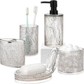 Modern 5 Pcs Resin Bathroom Accessories Set: Soap Dispenser, Toothbrush Holder, Tumbler, Soap Dish,Cotton Swab Jar,Unbreakable, Durable, Easy to Clean, Bark Pattern, Translucent Black