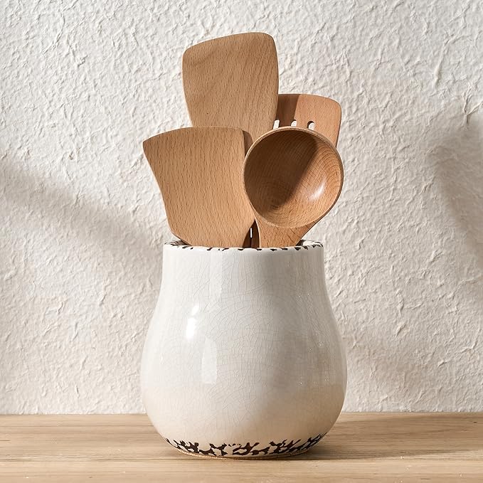 JIEMEI HOME Kitchen Utensil Holder for Kitchen Counter, 6.3" Ceramic Rustic Utensil Crock for Countertop, Farmhouse Cooking Tool Organizer, Spatula Holder For Kitchen Decor, Antique Cracked White