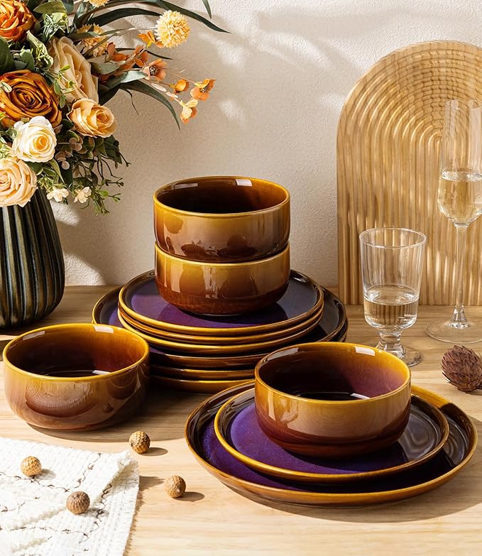 TheTerra Ceramic Dinnerware Sets for 4, 12 Pieces Handmade Reactive Glaze Plates and Bowls Set, Scratch Resistant Dish Set, Oven & Microwave & Dishwasher Safe, Amber Amethyst