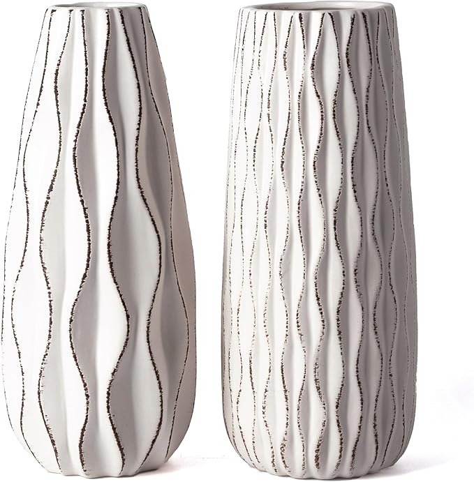 VICTOR & TERESA Ceramic Vase for Flowers, 10'' Set of 2 Decorative White Vases for Home Decor, Farmhouse Vases for Pampas Grass, Table, Mantel, Living Room, Shelf, Centerpieces, Gifts for Her