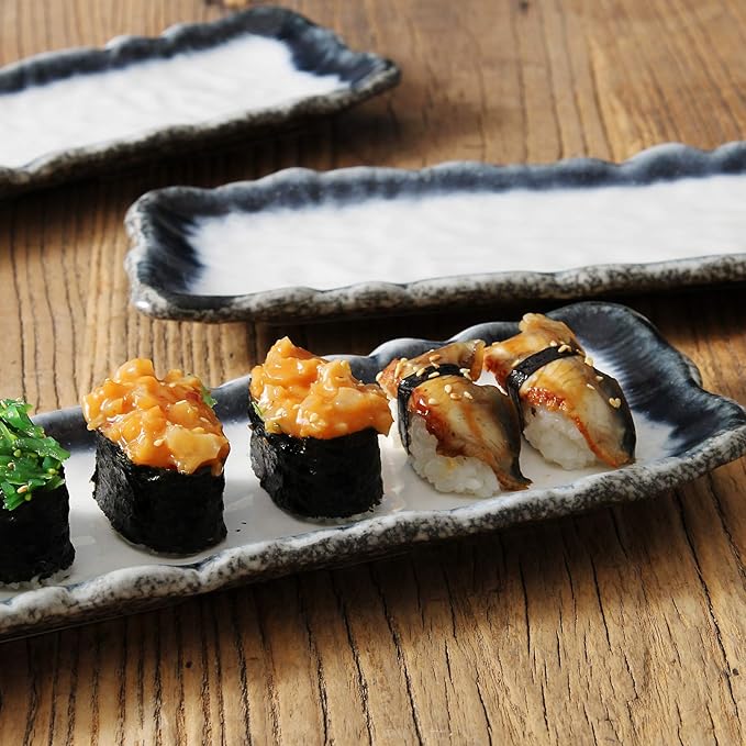 Uaral Japanese Sushi Plates Stoneware Sushi Plate Set Sushi Dish Set Sashimi Plates Rectangular Plate 12.5inch Set of 4, (Blue and White)