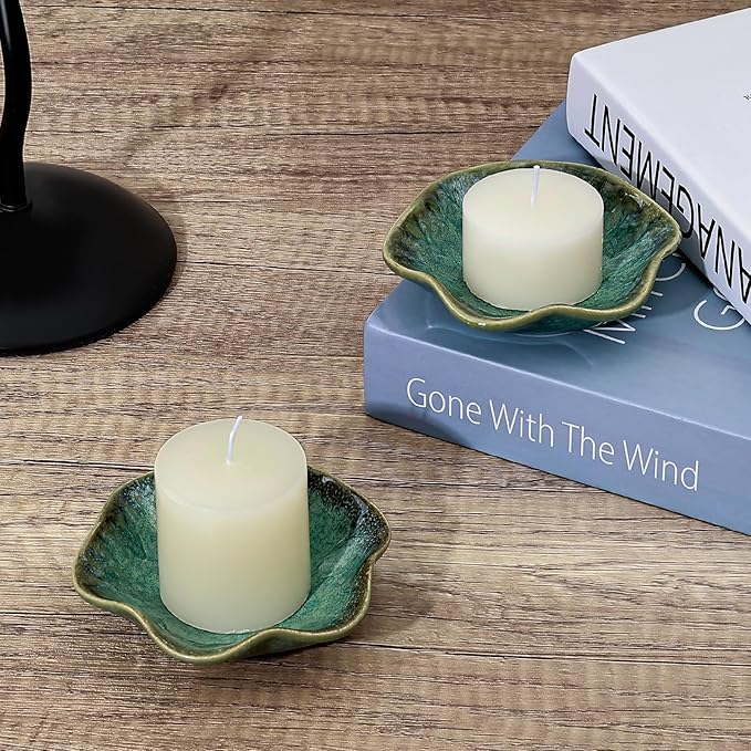 Koythin 2-Piece Ceramic Candle Holder, Aesthetics Candlestick Holders for Tea Lights, Lotus Leaf Shape Candle Stand for Mantle Table, Adorable Vintage Decor for Weddings Dining (Green)