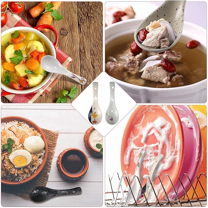 6 Pieces Japanese Retro Ceramics Soup Spoons Asian Soup Spoons Japanese Style Rice Spoon Flatware Chinese Serving Spoons Appetizers Tableware Meal Partner for Salad Ramen Noodles Wonton