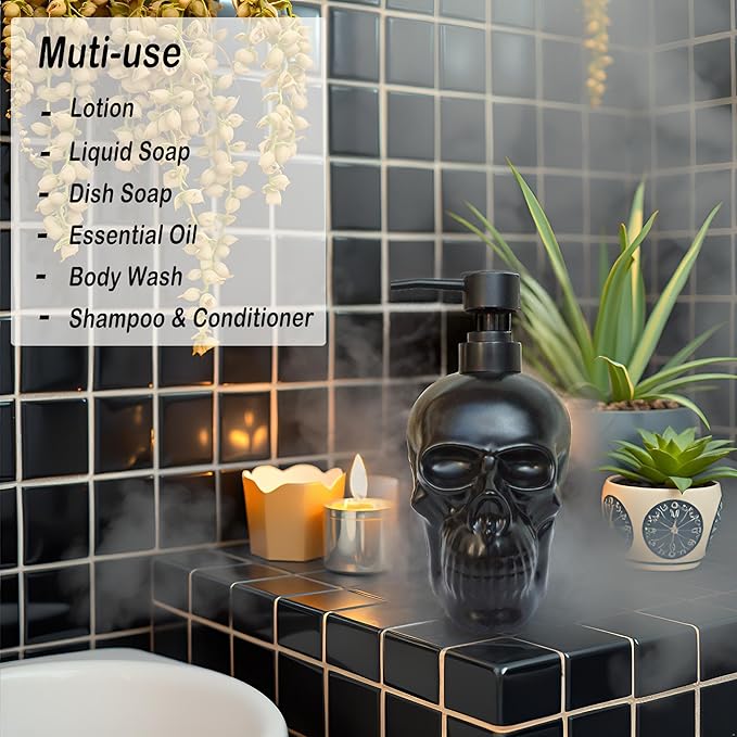 Ceramic Skull Soap Dispenser, Refillable Halloween Liquid Hand Soap Dispenser for Bathroom and Kitchen, Halloween Skull - Black