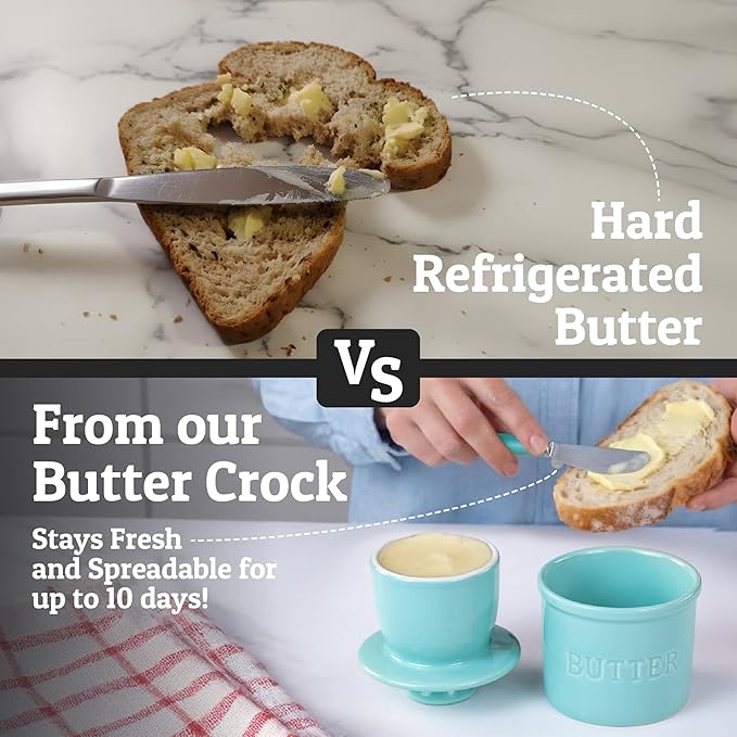 PriorityChef Butter Crock with Lid with Water Line, Ceramic French Butter Dish to Leave On Counter, Cool Green