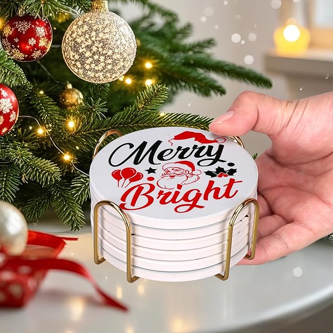6 Pcs Ceramic Christmas Coasters with Holder Best Absorbent Drink Coasters Set Cute Xmas Holiday Coaster Set Coffee Table Decor Funny Christmas Decoration Housewarming Gift Festive Cup Coasters