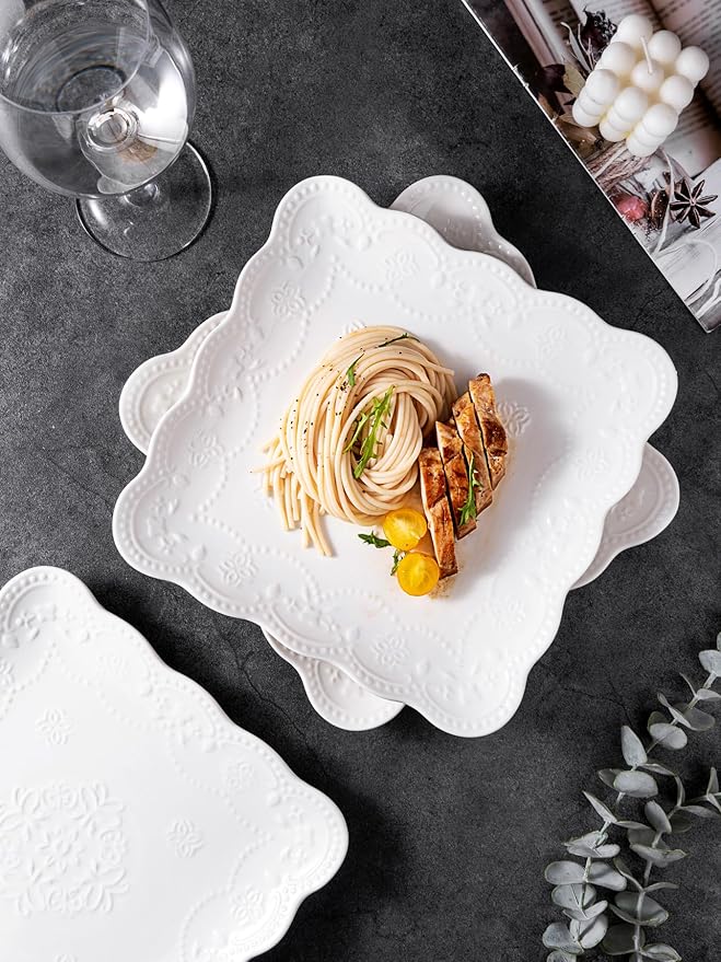 Jusalpha Set of 4-Square Embossed Lace Ceramic Plate-Dinner Plate Set, Pasta/Salad/Dessert Plate Dishwasher MicrowaveTableware Set for Restaurant Family Party Kitchen Use (White, 10 Inches)