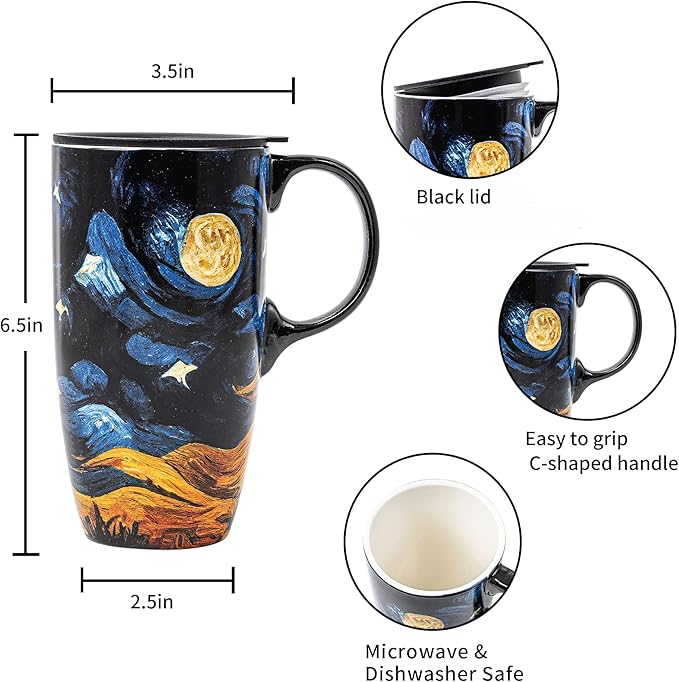 DUSVALLY Ceramic Tall Coffee Mug, Friends Coffee Cup Gift Set, Travel Mug with Lid for Office and Home, Porcelain Mug Unique Gifts for Women and Man, Moon Night, Color Box, 17 oz