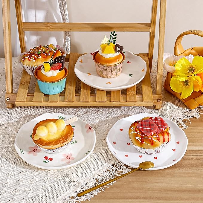 Koythin Ceramic Dessert Plates, Cute Fruits Dinner Plate, Creative Plates Design, Printed Flowers Dinnerware for Office and Home, Kitchen Plates for Desserts (Colorful Little Hearts)