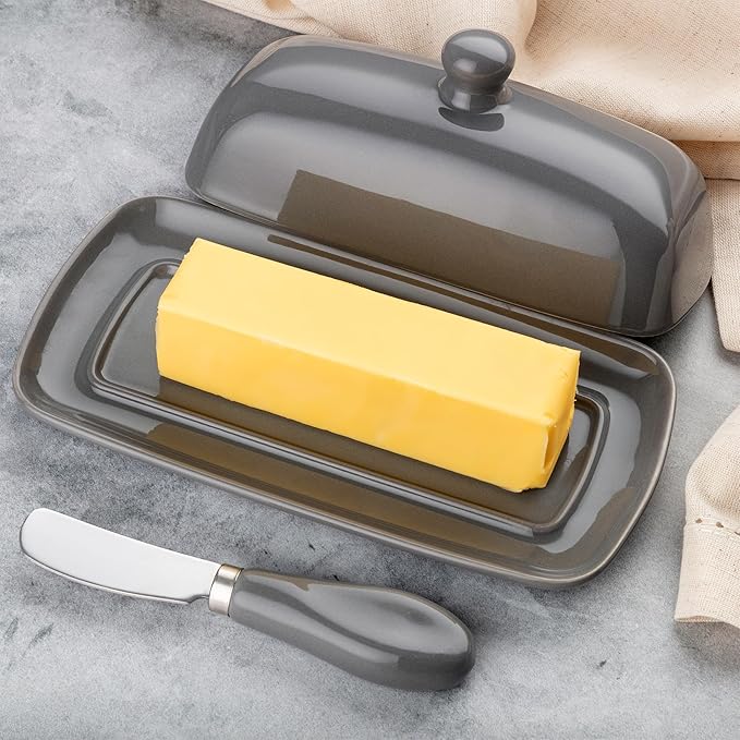 Zulay Butter Dish With Lid For Countertop - Porcelain Gray, Ceramic Butter Dish with Knob Handle Great for Cooking - Elegant Design Butter Holder - Durable & Sturdy Butter Keeper - Gray