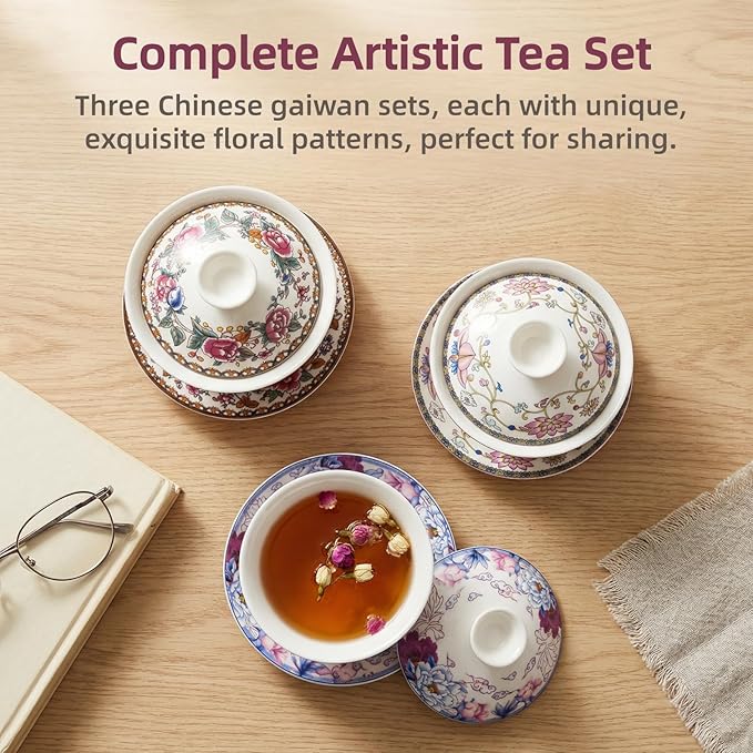 Set of 3 Gaiwan Chinese Tea Cup, 10 Oz Large Porcelain Tea Cup with Lid and Saucer, Traditional Handmade Kungfu Tea Bowl Set for Home Decor Kitchen Coffee, Flower Pattern
