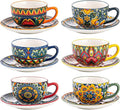 Henten Home 8.5 oz Cappuccino Cup and Saucers Set, Ceramic Coffee Cup Set of 6, Bohemian Cup for Latte, Tea, Hot Cocoa, Espresso, Microwave & Dishwasher Safe