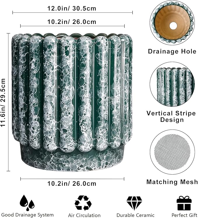 12 Inch Pots for Plants - Ceramic Indoor Planters with Drainage Hole, Decorative Large Planters for Outdoor Plants, Fluted Round Ceramic Flower Pots, Home Patio Decor, Birthday Gifts, Green